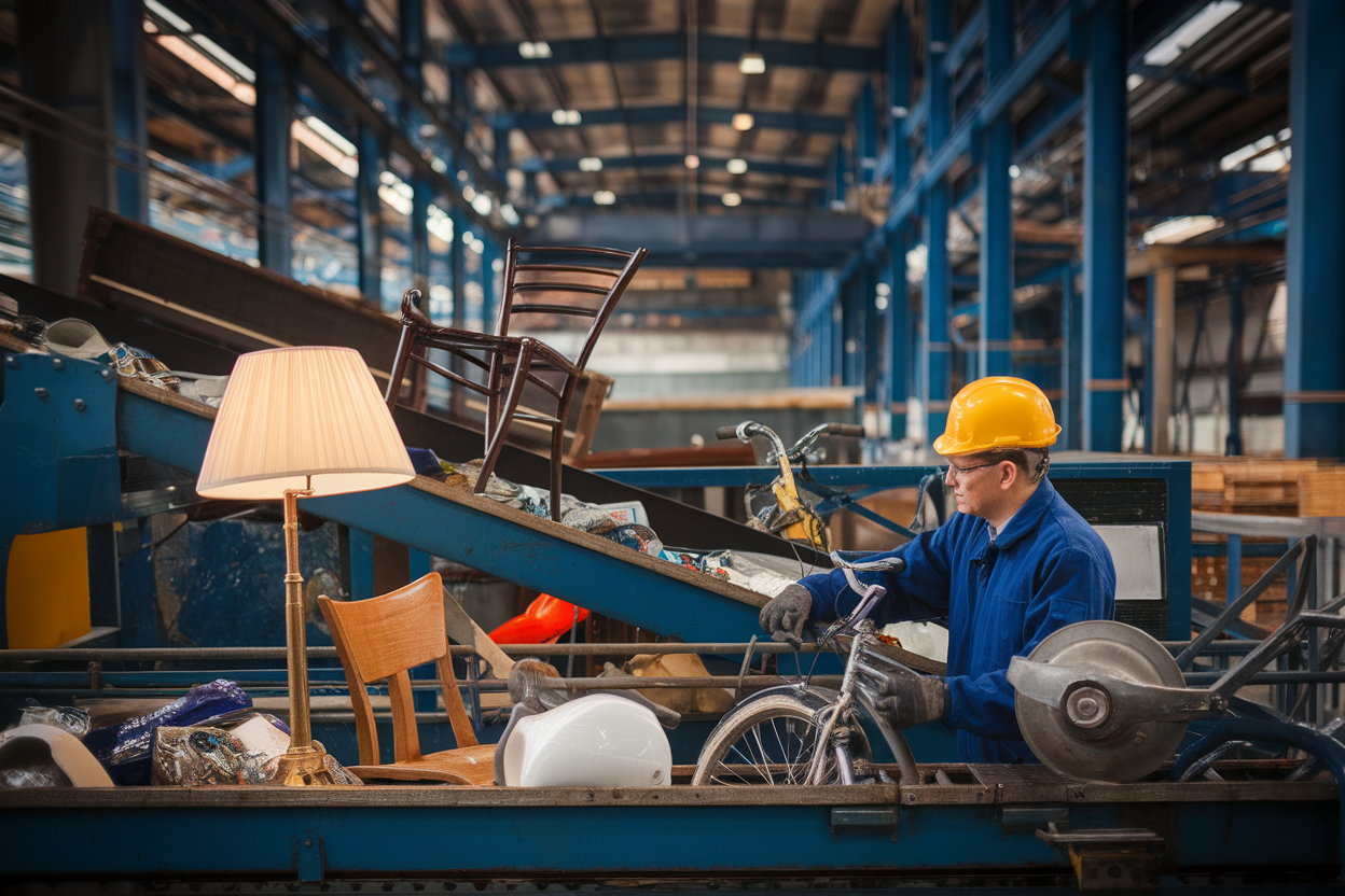 Le réemploi expliqué comme une chaîne, dépôt, tri, remise en circulation