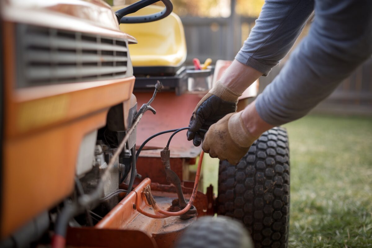 Démarrage capricieux et coupe dégradée : comment entretenir correctement son tracteur tondeuse toute l’année Débranchement du fil de bougie lors de l’entretien d’un tracteur tondeuse